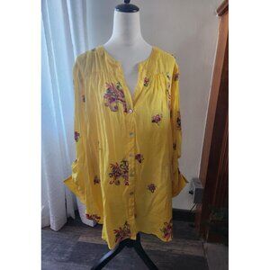 Fig & Flower Womens 3X Tunic V-Neck Roll Tab Button Yellow Embroidered Floral